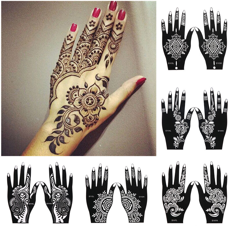 2022 Baru Profesional Henna Stensil Tangan Sementara Tato Stiker Seni Tubuh Templat Alat Pernikahan Bunga Tato Stensil