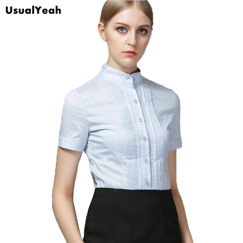 Blusa Formal de manga corta con encaje para mujer, camisa de manga corta para oficina, color blanco y azul, estilo veraniego, SY0277, S-XXL
