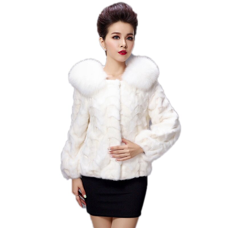 Abrigo de piel de visón Natural para mujer, abrigo de lujo con cuello de piel de zorro, cálido, VF5013
