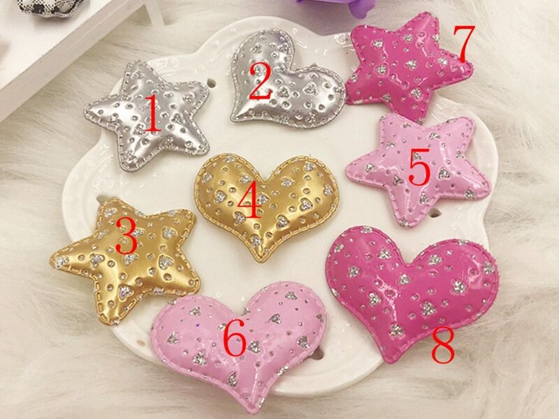 100pcs/lot PU Sewing patch Shiny/Glittered Diamond Stars Hearts Padded Appliques for DIY accessories wholesale