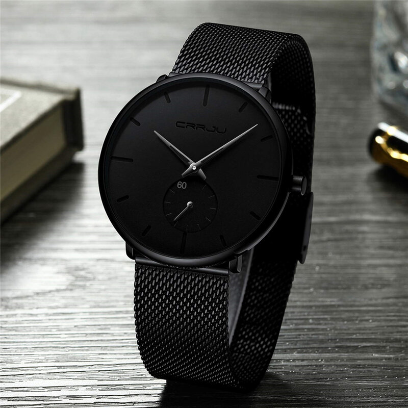 CRRJU-Relógio de pulso de aço malha masculino, relógio de quartzo impermeável, ultra fino, preto, casual, marca superior, esporte, masculino