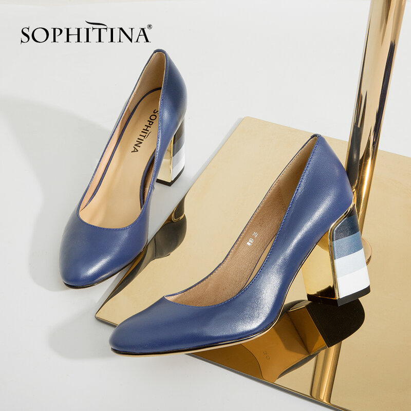 Sophitinaパンプスファッションカラフルな正方形のかかと高品質シープスキンラウンドつま先が成熟したホット販売エレガントな女性の靴W10