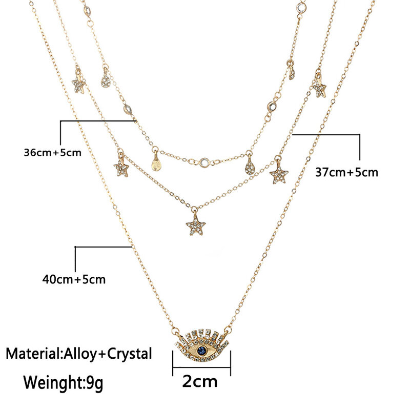 Bls-miracle Multilayer Necklace for Women Long Chain Turkish Eye Pendant Necklaces Trendy Crystal Star Water droplets Necklaces