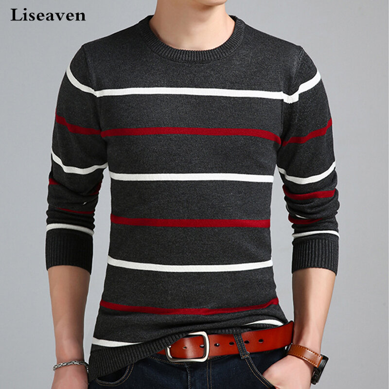 Liseaven Sweater Pullover bergaris pria, pakaian luar rajut baju pria Sweater pria Pullover
