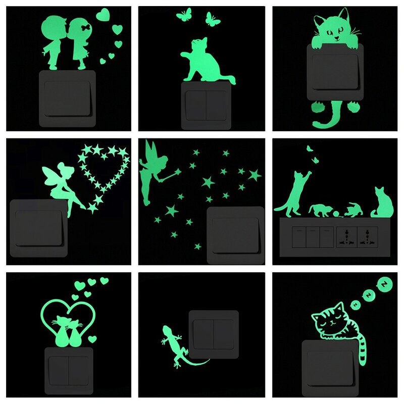 発光漫画のスイッチ,夜に輝く黒い猫のステッカー,おとぎ話の星,子供の部屋の装飾,家の装飾