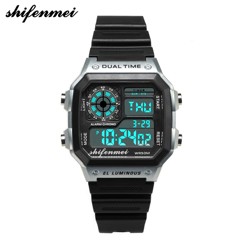 Shifenmei moda esporte relógio masculino relógios digitais chrono despertador 3bar à prova dwaterproof água relógios de pulso digital relogio masculino 1133