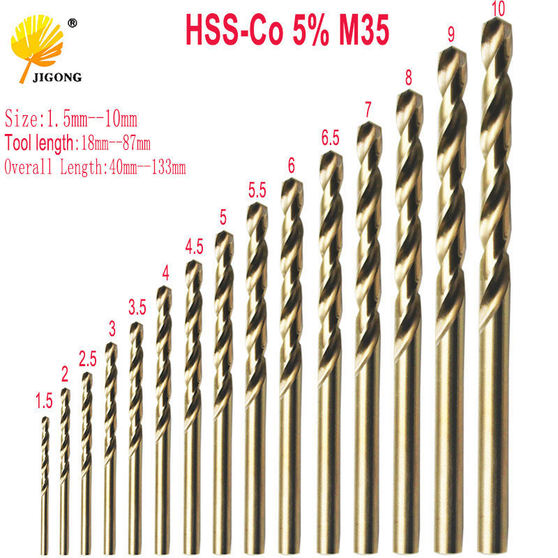 Кобальтовое спиральное сверло HSS-Co HSS-CO, 1,5-10 мм, 15 шт./компл., 5%, 133-10 мм, длина 40-мм