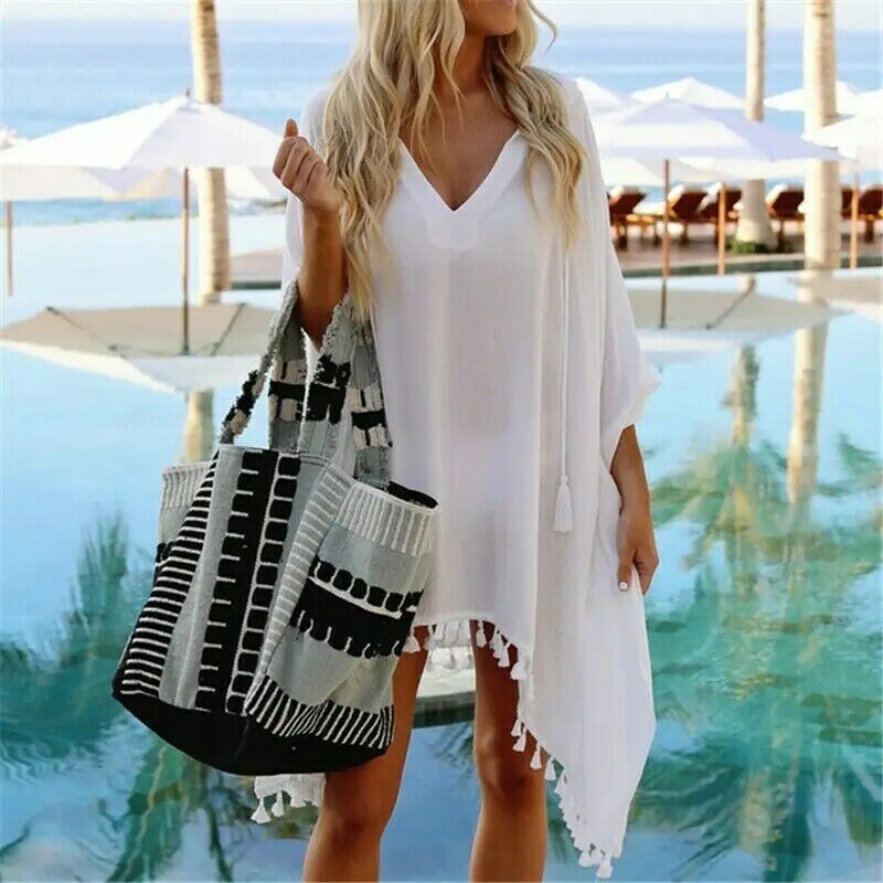 Womens Beach Dress 비키니 커버 수영복 Maxi Wrap Skirt 사롱 기모노 카프 탄 여름 시폰 술 후드 배트 윙 슬리브 탑