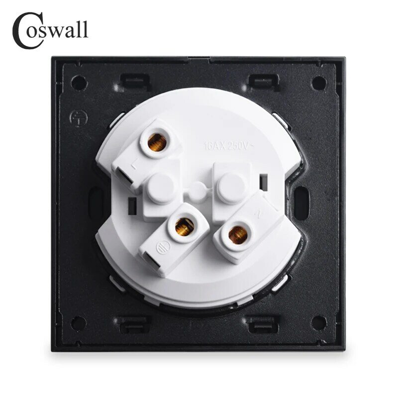 Coswall Hitam Kaca Kristal Panel 16A Standar Uni Eropa Dinding Power Socket Outlet Didasarkan dengan Perlindungan Anak Kunci R11 Series