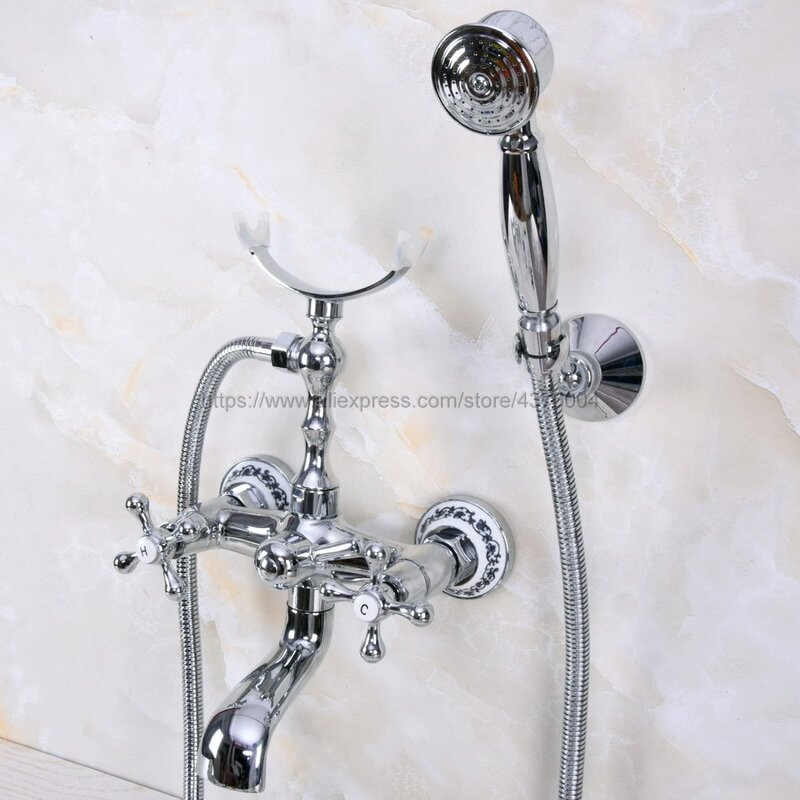 Grifo de bañera montado en la pared, mezclador de cromo pulido de doble Mango, grifos de ducha de baño con ducha de mano, Nna225