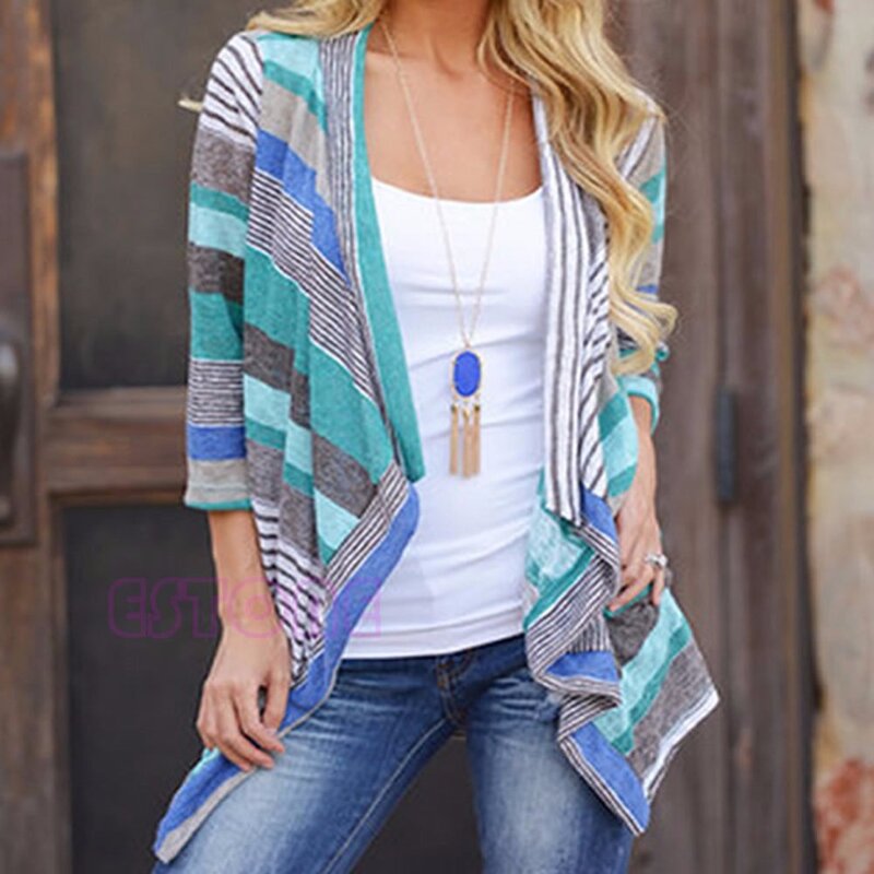 Women Cardigan Loose Sweater Long Sleeve Cotton Stripe Outwear Knitted Jacket Coat Tops Hot Sale New