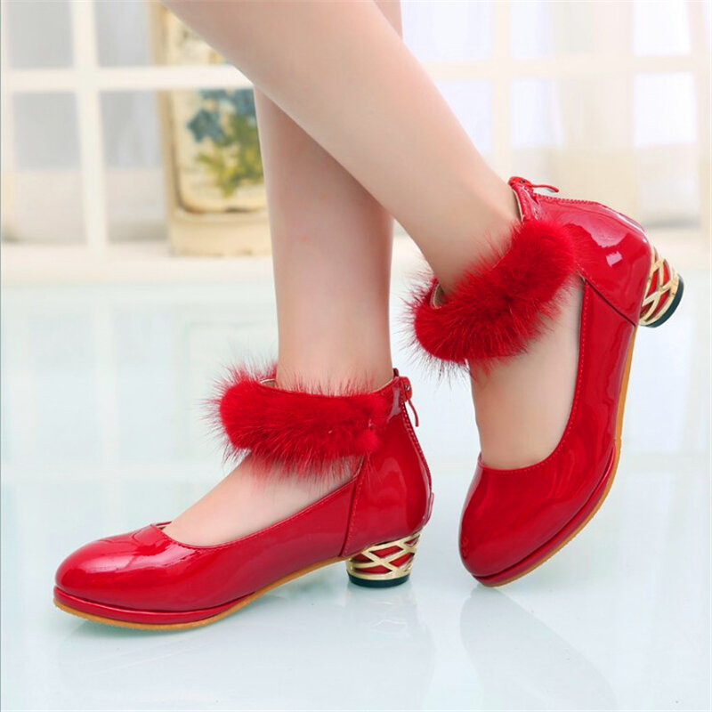 girls shoes 2019 spring princess black red party formal Plush decoration white faux leather Footwear for girls 12 years old big