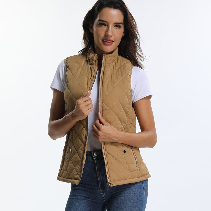 Женская Легкая стеганая жилетка с воротником-стойкой, стеганая куртка без рукавов на молнии с карманами