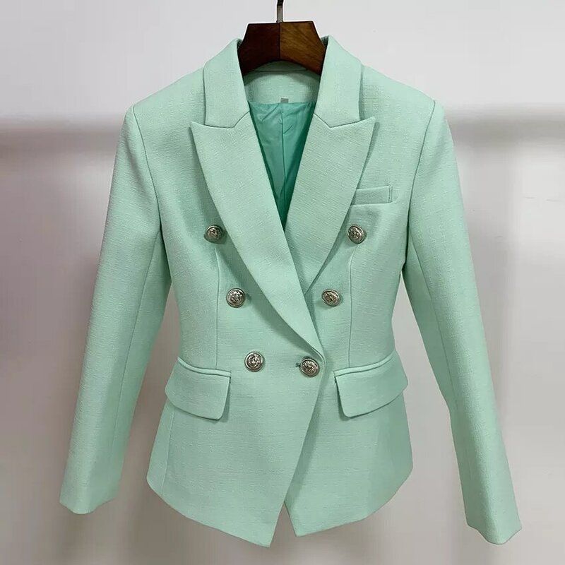 เสื้อแจ็กเก็ตดีไซเนอร์แบบบาโรกห2024ไฮสตรีทแบบคลาสสิกเสื้อเบลเซอร์กระดุมสองแถวทำจากโลหะสีเขียวมิ้นท์