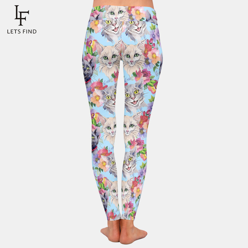 Letsfind nova chegada formas animais gatos e flores impressão digital 3d mulheres legging cintura alta magro calças casuais leggings
