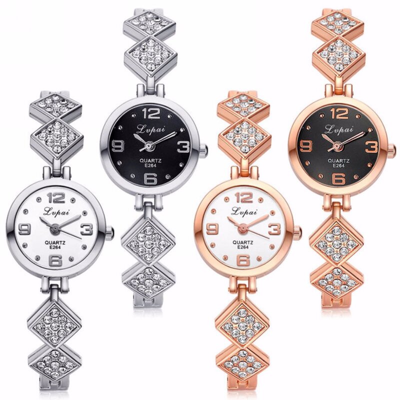 女性の女性ステンレス鋼ダイヤモンドラインストーンブレスレットクォーツ腕時計
