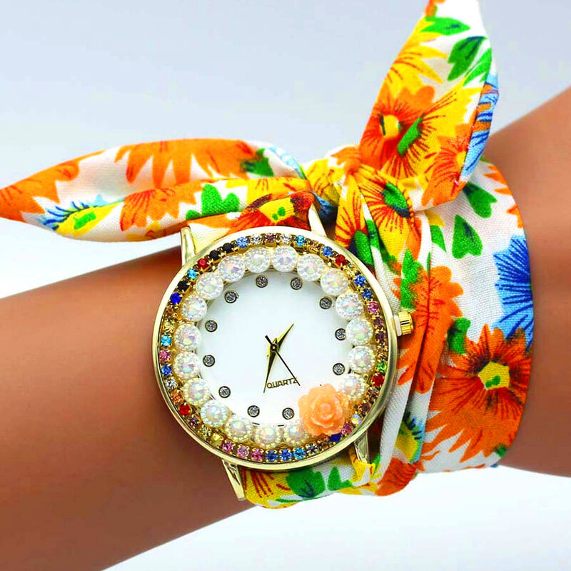 Shsby-Relógio de pulso feminino flor, relógio feminino vestido, relógio de tecido, tecido espumante, pano espumante, meninas doces, novo