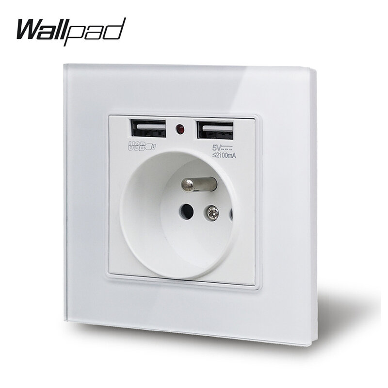 Wallpad S7 White and Black Glass Panel French Wall Socket with 2.1A 2 x USB Charging Ports, Single Power Outlet Plate