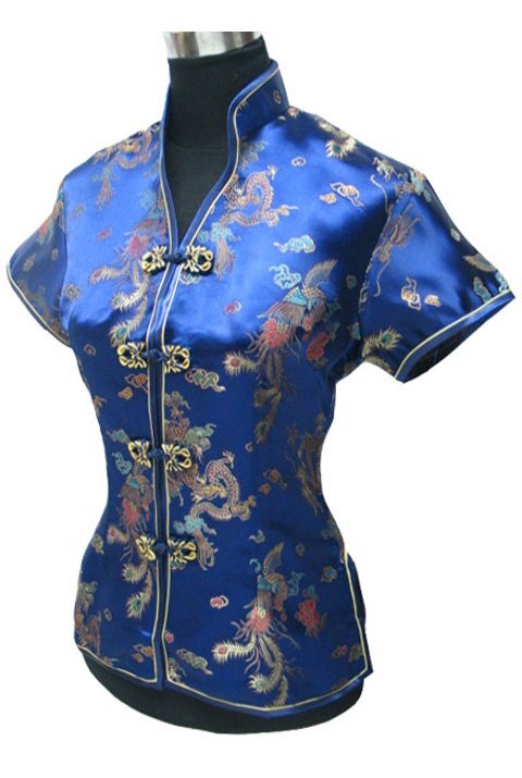 세련된 네이비 블루 중국 여성 블라우스, 전통 실크 새틴 셔츠 상의, V넥 의류 사이즈 S M L XL XXL XXXL WS002, 여름