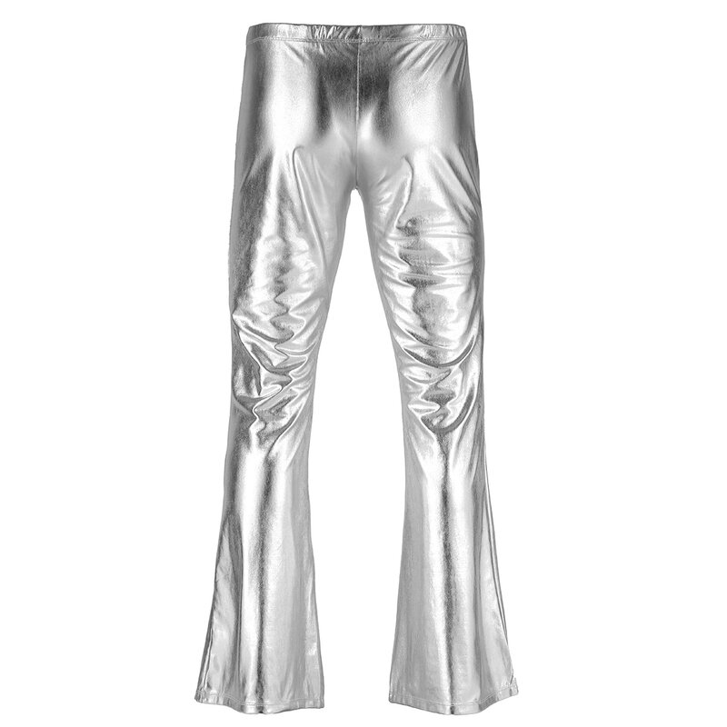 Мужские брюки в стиле диско с металлическим низом и колокольчиком, танцевальные брюки для выступлений, блестящие расклешенные длинные штаны, мужские костюмы для концерта, вечерние