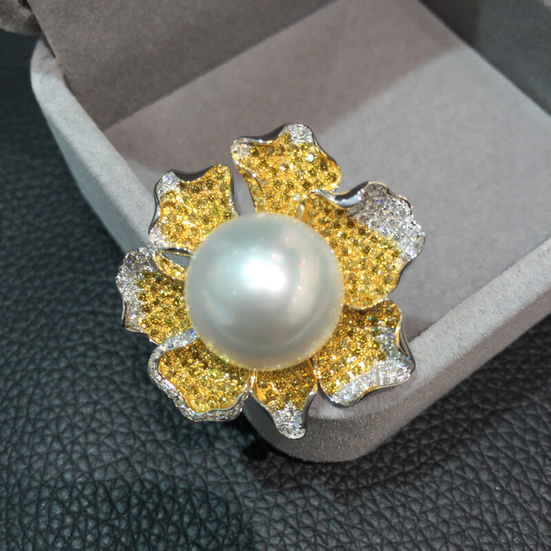 Anillo de perlas naturales del Mar del Sur, anillo de oro de 18K con flor de diamante, envío gratis, acepta pedido de cualquier tamaño del anillo, 15MM