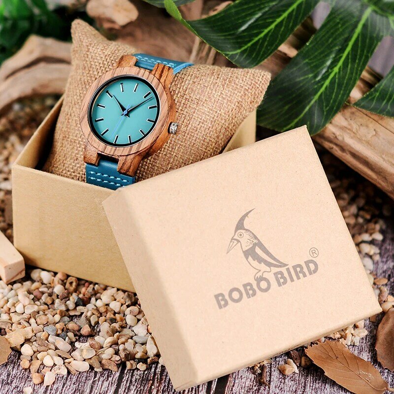 BOBO BIRD Classic Zebra Wood Watch For Men Women Indigo Blue Design Quartz Watch Two Optiom Case Size 33mm and 45mm