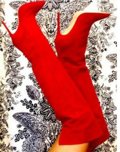 Inverno nova moda camurça vermelha joelho botas altas apontado toe botas de salto alto botas de equitação de couro de alta qualidade ferro saltos finos bota