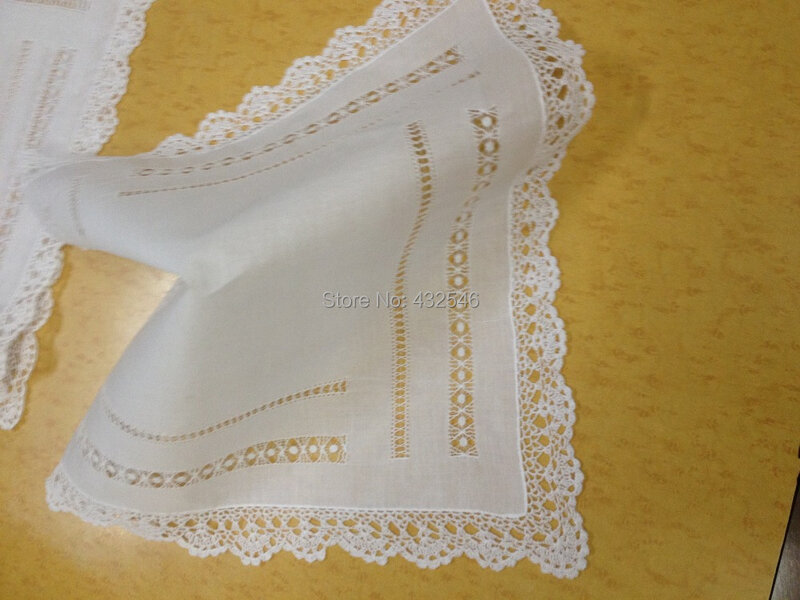 Pañuelos de moda para mujer, 4 unids/lote, blancos, 100% algodón, 15x15 ", elegantes, bordados, con bordes de encaje de ganchillo para novia