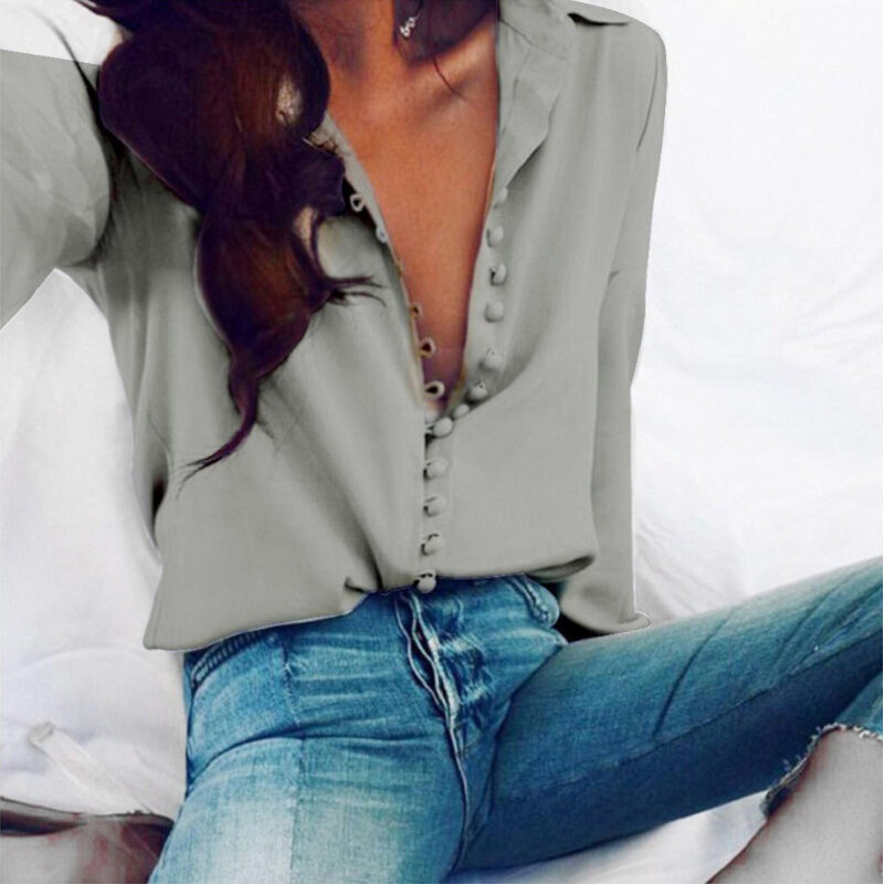 Cropkop moda casual cor sólida senhoras escritório topos sexy botões de manga comprida blusa 2022 nova primavera feminina chiffon camisa branca
