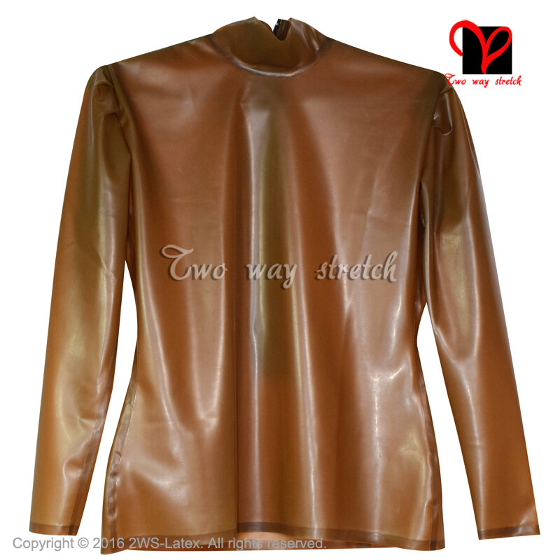 Sexy transparan coklat kemeja blouse lengan Panjang Karet Gummi Lateks Seragam blazer Top pakaian pakaian plus ukuran XXXL SY-065