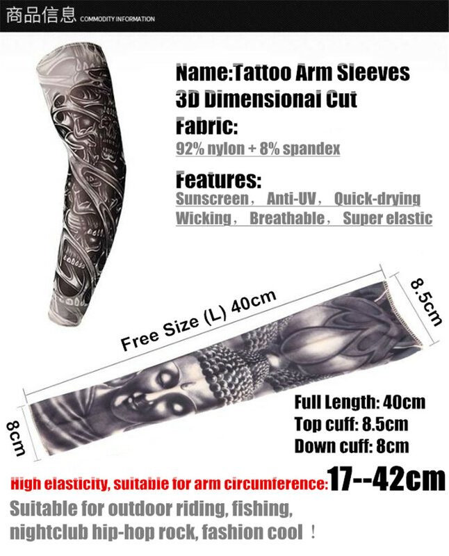 6 pcs/Set Anti-UV Tabir Surya Super Elastis Tattoo Lengan Lengan Penghangat, hip-hop Batu, Fashion Keren Perlindungan Olahraga Sarung Tangan Panjang