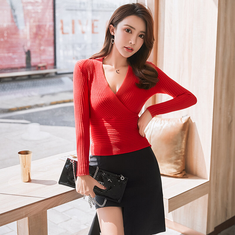 2024 New Sexy Deep V Neck Sweater Women's Pullover Casual Slim Bottoming Sweaters Female Elastic Cotton Long Sleeve Tops Femme
