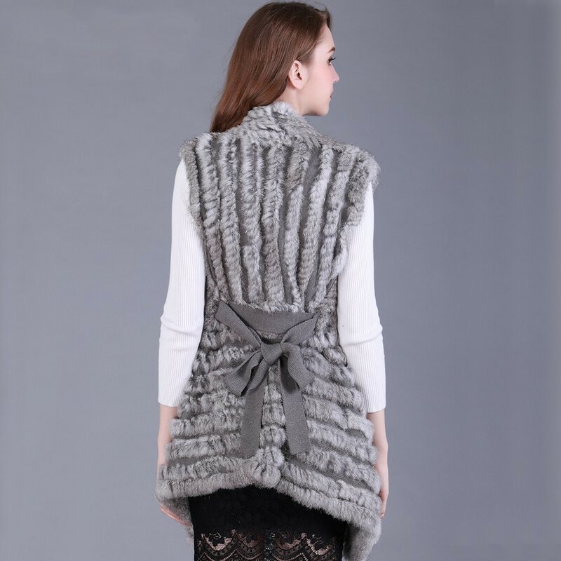 2020FXFURS fashion baru Wanita Asli Rajutan Bulu Kelinci Rompi dengan sabuk sweater Rompi grosir drop pengiriman