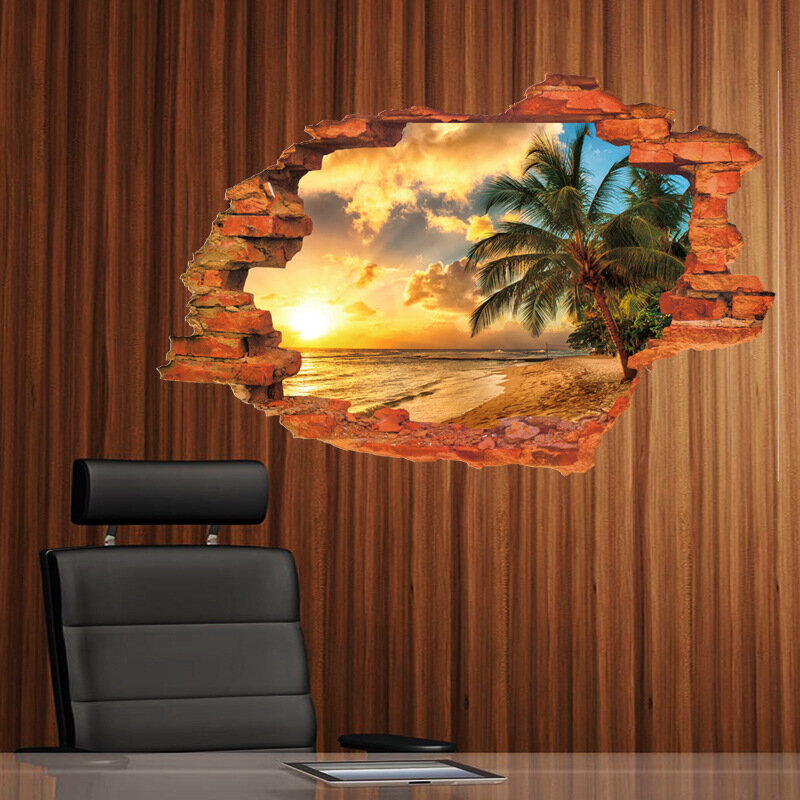 จัดส่งฟรี: 3D Broken Wall Sunset Scenery Seascape เกาะมะพร้าวต้นไม้ครัวเรือนประดับสามารถถอดสติ๊กเกอร์ติดผนัง