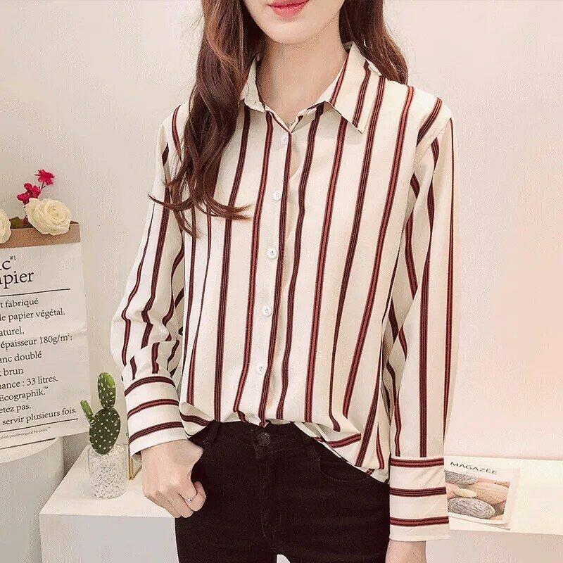 Camisa feminina com listras para primavera e outono, blusa europeia folgada de manga longa simples h9055