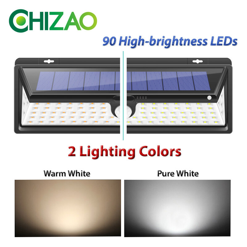 CHIZAO luces solares LED inalámbrico al aire libre luces de Sensor de movimiento lámpara de emergencia IP65 impermeable 3 modos fácil de instalar lámpara de pared