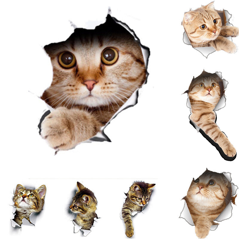 고양이 3D 벽 스티커, 화장실 스티커, 구멍보기, 생생한 개, 욕실, 홈 장식, 동물 비닐 데칼, 아트 벽지 포스터