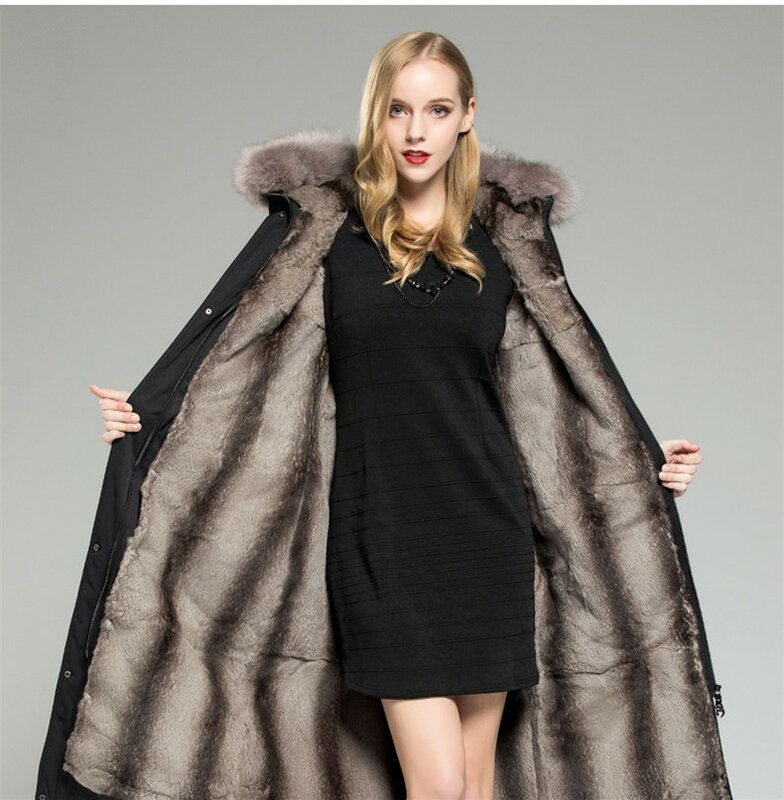 AYUNSUE Jaket Musim Dingin Jaket Bulu Asli Wanita Mantel Panjang Bulu Kelinci Alami Pakaian Parka Hangat Kerah Bulu Rubah Wanita MY3602
