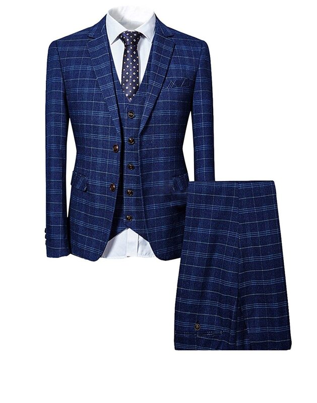 Terno masculino slim fit verificado azul/preto, 3 peças, estilo vintage, ternos formais, lapela de entalhe, para casamento