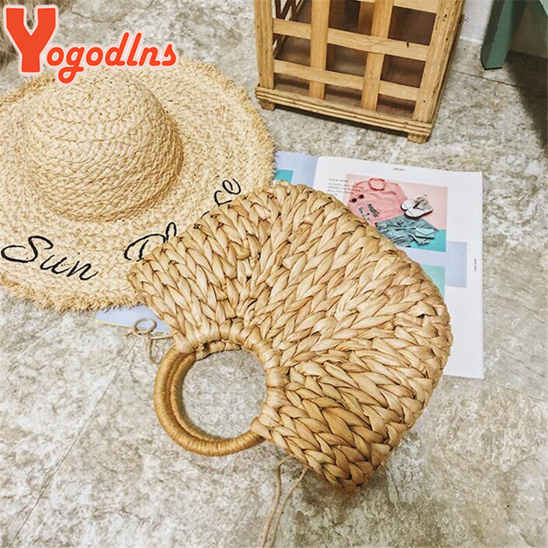 Yogodlns Einfache Stroh Handtasche für Mädchen Sommer Strand Reise Hand Tasche Hälfte Mond Hand Woven Rattan Handtaschen Runde Griff Taschen