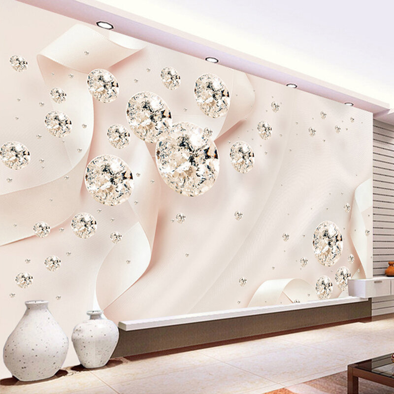 Papel de parede personalizado, fundo de parede 3d, com detalhes em diamante, fita rosa, tecido de seda, pintura para sala de estar, tv