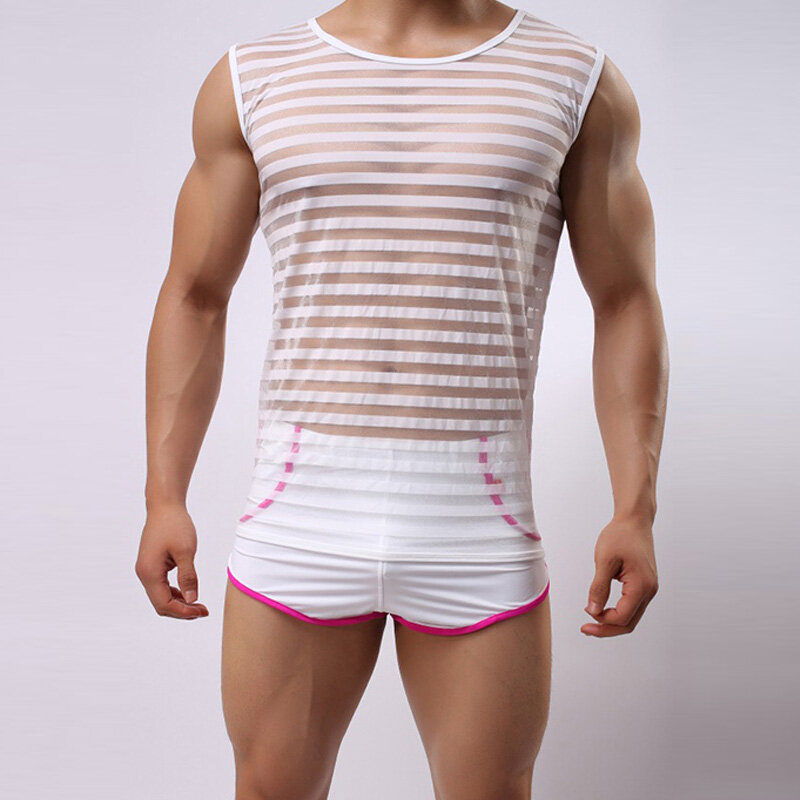 Camiseta interior Sexy transparente para hombre, ropa interior Gay, camisetas de malla transparente a rayas, camisetas sin mangas