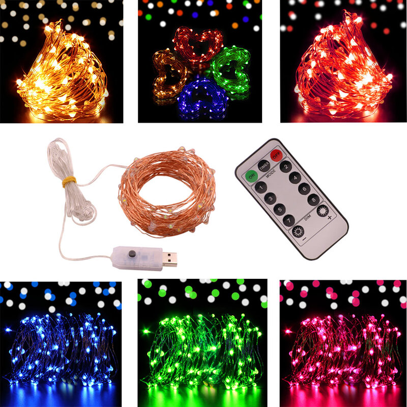 Cable de cobre de plata de 5M y 10M, cable USB de 5V, decoración de fiesta de boda, Navidad, blanco cálido, luces de hadas múltiples, lámpara de luz de Navidad