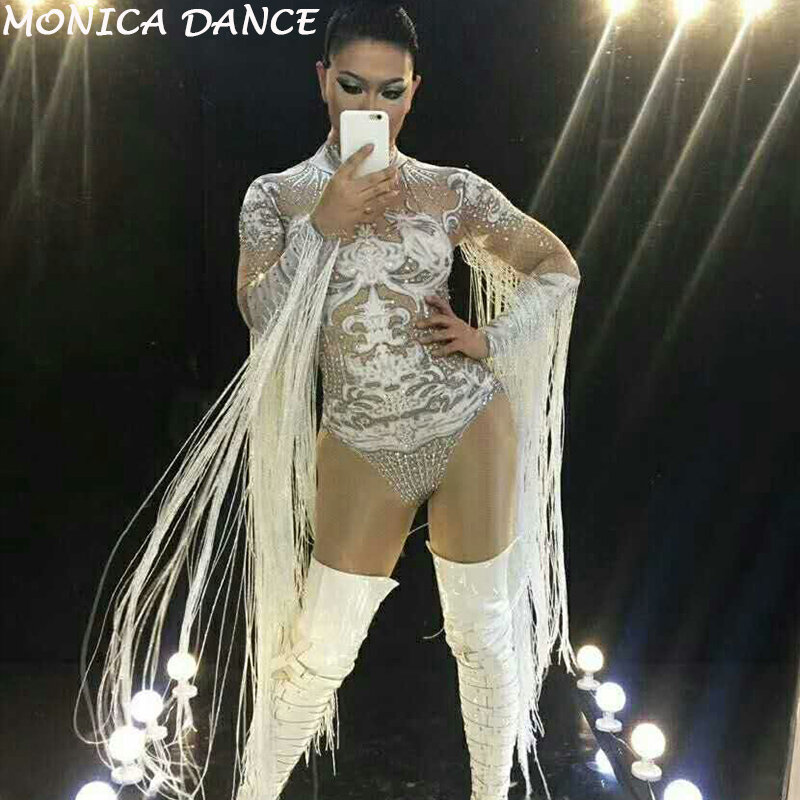 Body Sexy con borlas de escenario para mujer, traje de baile blanco con diamantes de imitación, ropa de escenario para espectáculo, Ropa de baile para fiesta