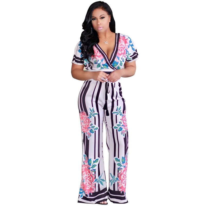 two piece set tracksuit women outfits Print Sexy short sleeve shirt tshirt V-neck crop top
