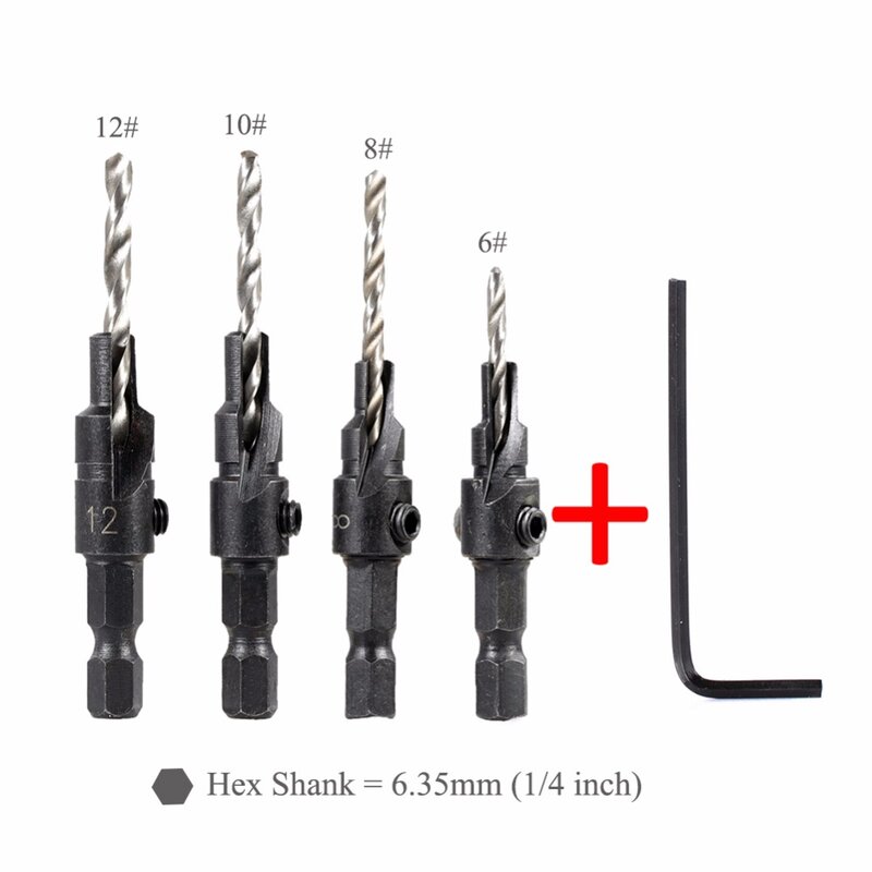 4pcs HSS Countersink Drill Bit Set + Quick Change Hex Shank Screw #6 #8 #10 #12