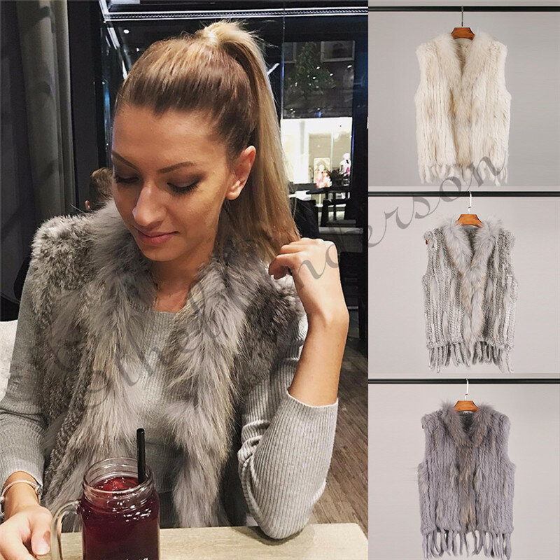 ETHEL ANDERSON Womens Handmade Knitted Gilet Real Farm Rabbit Fur Vest/Top Lady Warm Raccoon fur Collar Vtg Tassels Wholesale