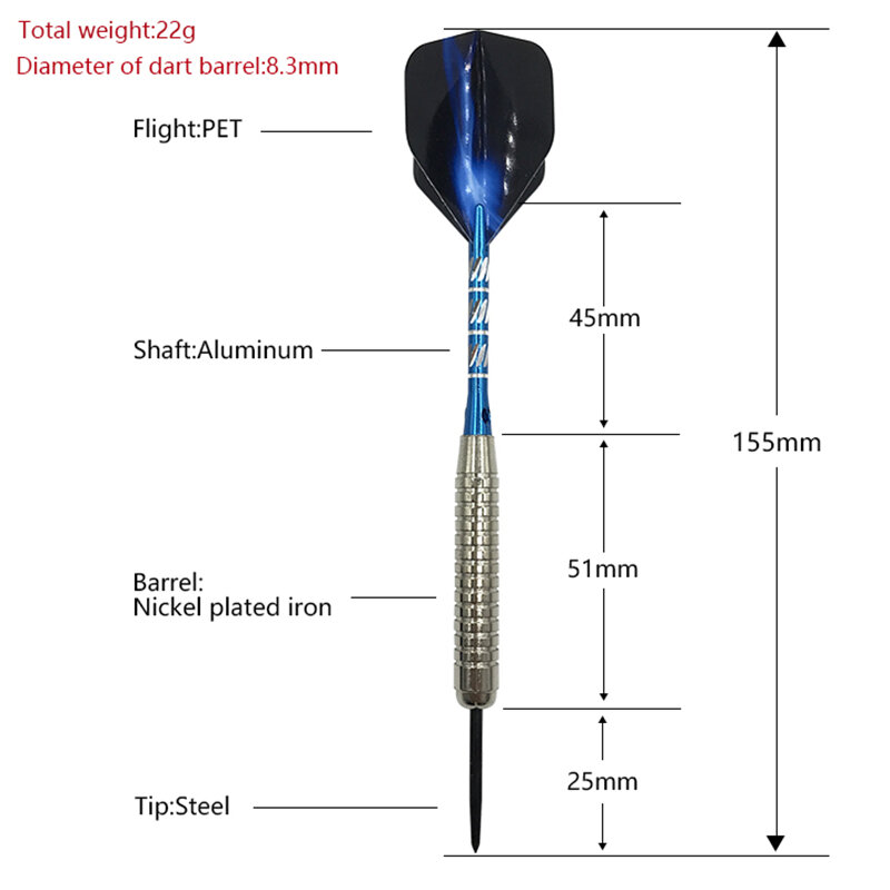 Yernea-고품질 하드 다트 스포츠 용품 3 개, 22g, 표준 스틸 팁 다트, 블루 알루미늄 다트 샤프트, 오로라 윙