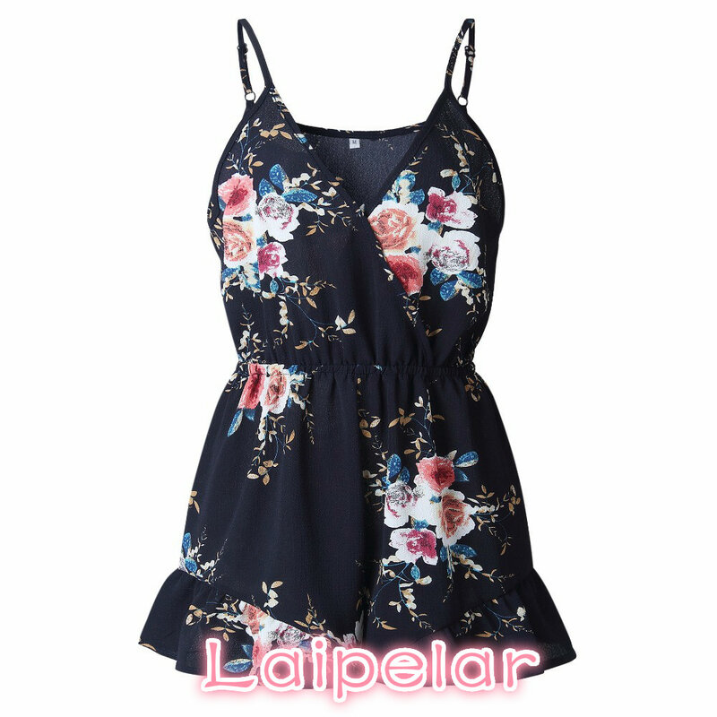 Women Floral Print Strap V Neck Backless Rompers Jumpsuits Summer Casual Playsuit Sleeveless Laipelar