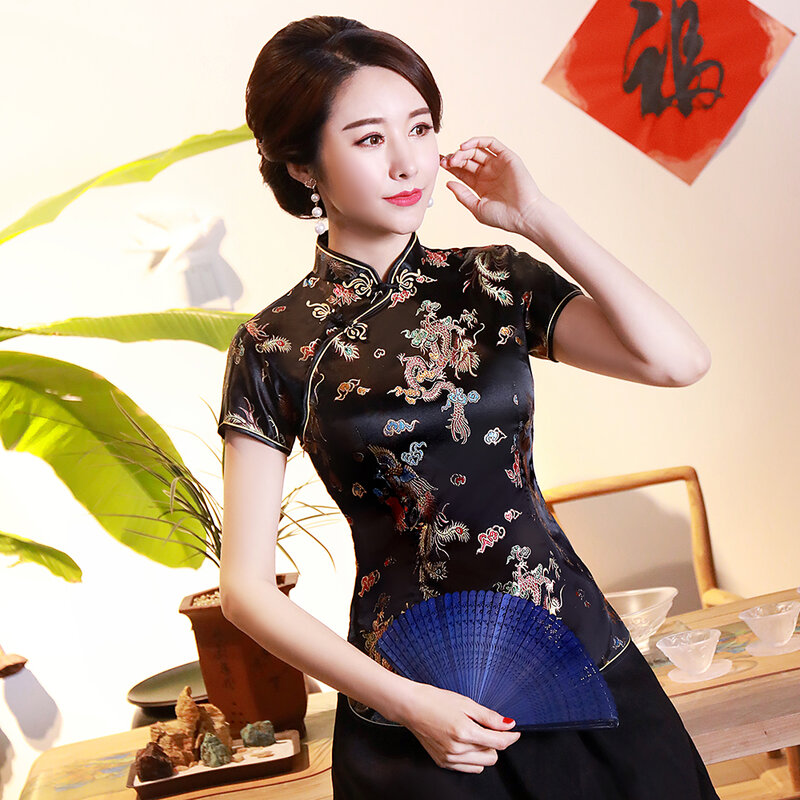 Oversized 3xl 4xl Vrouwen Satijn Shirt Zomer Vintage Chinese Stijl Blouse Dragon Vrouwelijke Trouwkleding Traditionele Klassieke Tops
